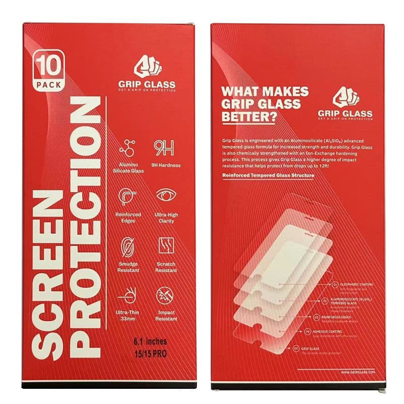 (10 Pack) Grip Glass - Tempered Glass Screen Protector for iPhone 15 / 15 Pro / 16