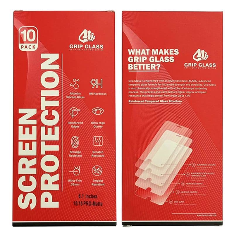 (10 Pack) Grip Glass - Matte Tempered Glass Screen Protector for iPhone 15 / 15 Pro / 16
