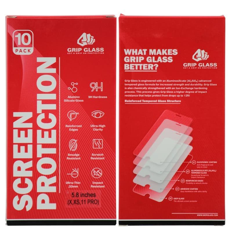 (10 Pack) Grip Glass - Tempered Glass Screen Protector for iPhone X / XS / 11 Pro