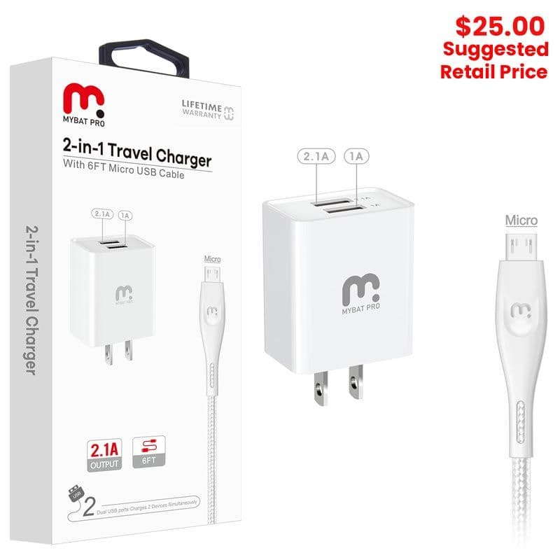 (2in1) MyBat Pro - Travel Adapter w/ Micro USB Cable (6ft)