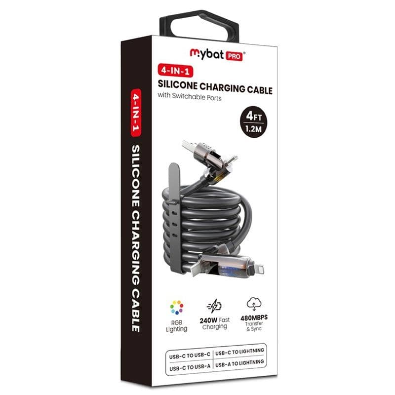 MyBat Pro - (4ft) 4-in-1 Silicone Charging Cable w/ RGB Lights (Black)