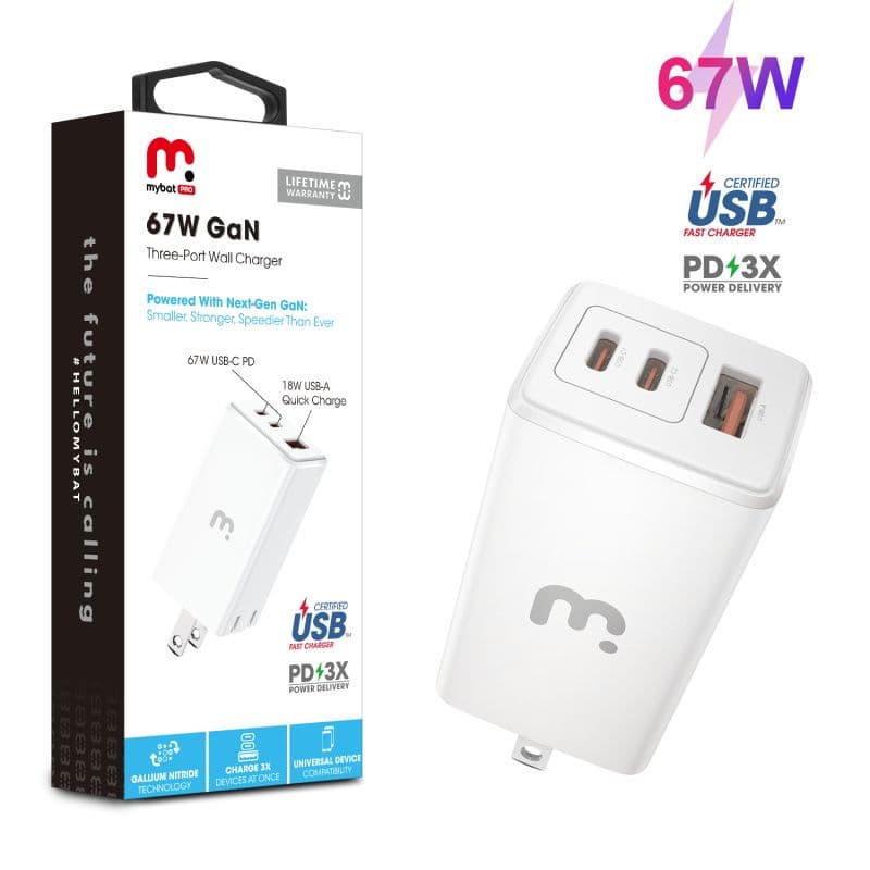 MyBat Pro - Three Port Fast Charging Power Delivery Wall Charger (67W) (White)