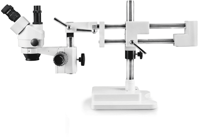 Simul-Focal Trinocular Zoom Stereo Microscope w/ Heavy Duty White Double Arm Boom Stand