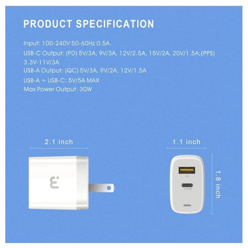 MyBat Pro - Dual USB / USB-C Adapter (30W) (White)
