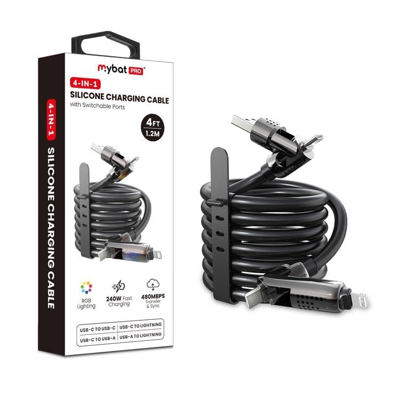 MyBat Pro - (4ft) 4-in-1 Silicone Charging Cable w/ RGB Lights (Black)