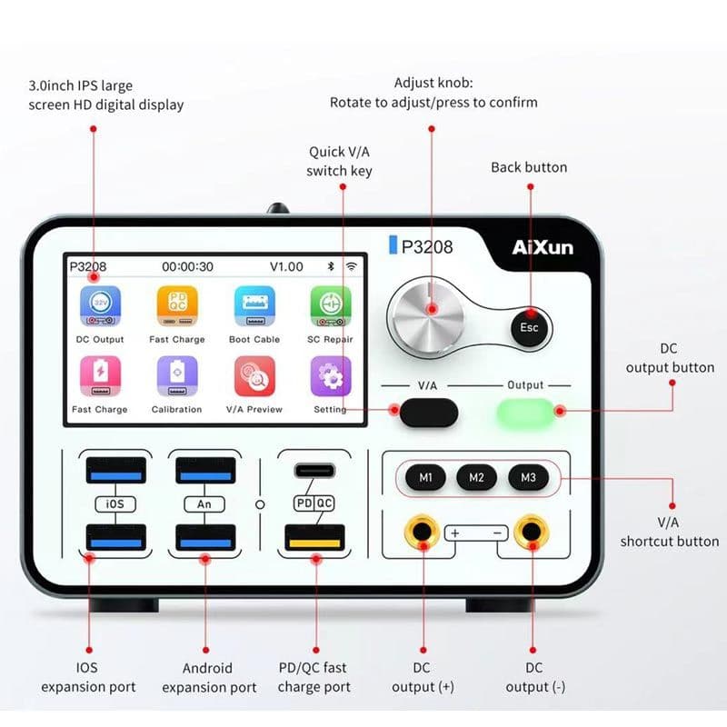 Axiun - P3208 320W / 32V / 8A Smart Regulated Power Supply Current / Voltage Adjustable Output DC Power w/ One Key Boot Power Cable w/ Bluetooth / WiFi Antenna